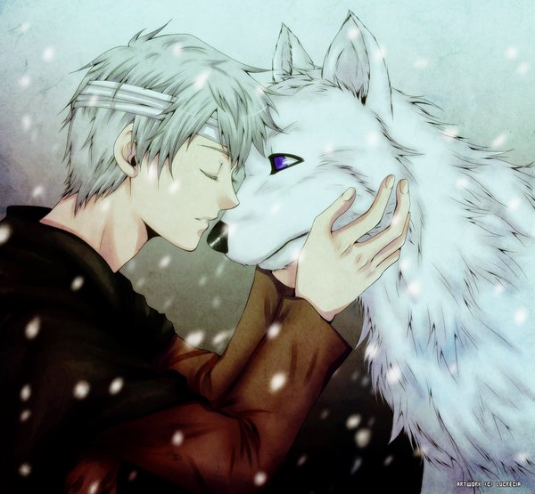 Anime picture 1566x1451 with axis powers hetalia studio deen russia (hetalia) prussia (hetalia) lucrecia (artist) short hair purple eyes silver hair eyes closed snowing winter boy animal bandage (bandages) wolf gilbert
