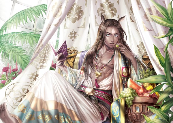Anime picture 1200x854 with original bbbox (hotpppink) single long hair open mouth blue eyes black hair animal ears nipples barefoot dark skin boy plant (plants) choker food belt book (books) fruit berry (berries) clothes
