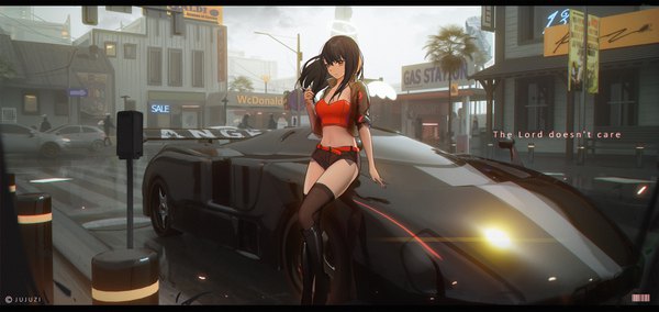 Anime picture 3895x1844 with original xtears kitsune single long hair looking at viewer fringe highres breasts light erotic black hair hair between eyes brown hair wide image standing holding signed cleavage full body bent knee (knees) nail polish