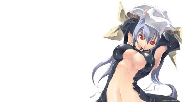 Anime picture 1920x1080 with guilty gear dizzy (guilty gear) single long hair highres light erotic simple background red eyes wide image white background cleavage silver hair arms behind head center opening girl navel