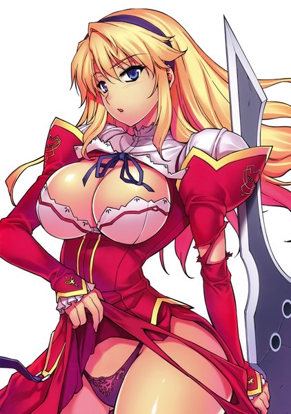 Anime picture 4923x6999 with freezing satellizer el bridget kim kwang hyun single long hair tall image blush highres breasts blue eyes light erotic simple background blonde hair large breasts white background absurdres cleavage scan official art torn clothes