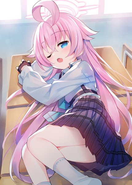 Anime picture 1430x2000 with blue archive hoshino (blue archive) meito (maze) single long hair tall image looking at viewer fringe open mouth blue eyes light erotic hair between eyes pink hair ahoge indoors lying pleated skirt one eye closed on side lolicon