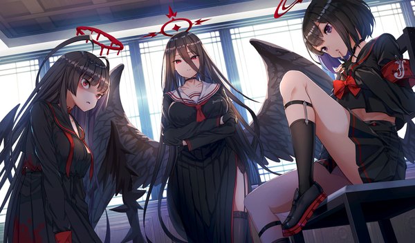Anime picture 1754x1030 with blue archive hasumi (blue archive) tsurugi (blue archive) mashiro (blue archive) yu ni t looking at viewer blush fringe highres short hair breasts open mouth black hair hair between eyes red eyes brown hair wide image large breasts standing sitting