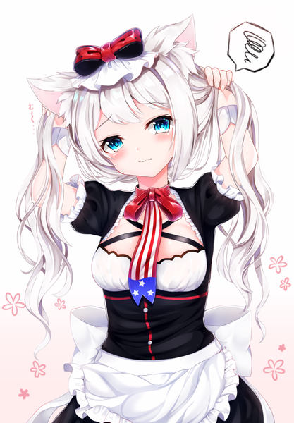 Anime picture 900x1295 with azur lane hammann (azur lane) shiira (nya rl) single long hair tall image looking at viewer blush fringe breasts blue eyes simple background standing twintails animal ears payot white hair head tilt arms up short sleeves