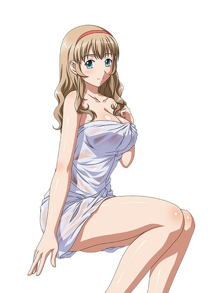 Anime picture 600x832 with ikkitousen sonken chuubou single long hair tall image looking at viewer blush breasts blue eyes light erotic simple background brown hair white background naked towel girl headband towel