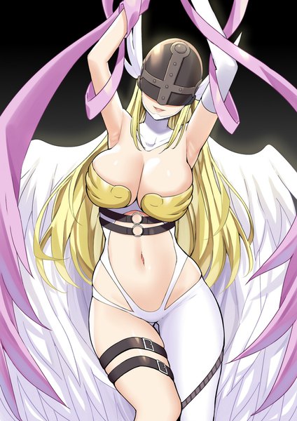 Anime-Bild 848x1200 mit digimon digimon adventure angewomon sky-freedom single long hair tall image breasts open mouth light erotic simple background blonde hair smile large breasts standing arm up arms up bare belly armpit (armpits) thigh gap