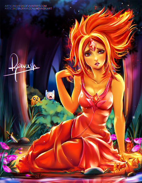Anime picture 1200x1547 with adventure time finn the human jake the dog flame princess javier estrada long hair tall image open mouth red eyes sitting signed looking away head tilt orange hair realistic arm support orange eyes adjusting hair peep girl
