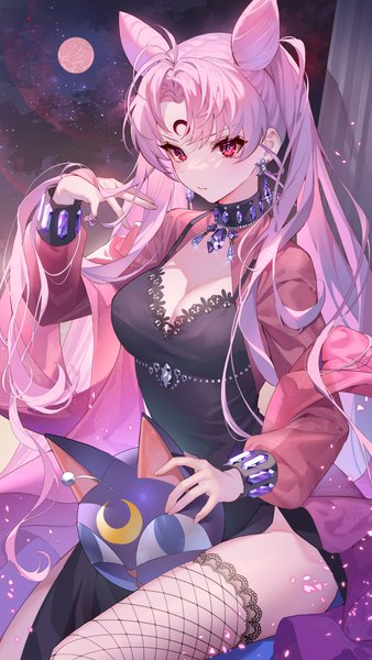 Anime picture 1500x2663 with bishoujo senshi sailor moon toei animation chibiusa luna (sailor moon) black lady teffish single long hair tall image fringe breasts red eyes large breasts sitting looking away pink hair cleavage ahoge long sleeves arm up
