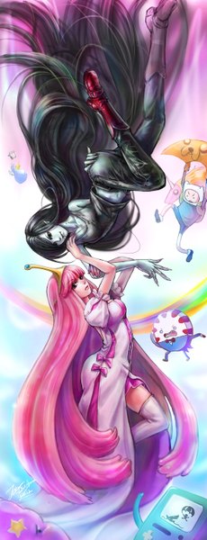 Anime picture 1150x3000 with adventure time marceline (adventure time) princess bubblegum (adventure time) finn the human jake the dog bmo lady rainicorn peppermint butler gunter lumpy space princess ice king jios (artist) long hair tall image black hair multiple girls brown eyes signed pink hair sky