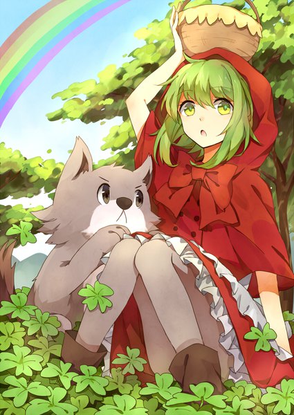 Anime picture 620x876 with little red riding hood vocaloid gumi matako single tall image fringe short hair open mouth hair between eyes sitting holding green eyes looking away bent knee (knees) outdoors arm up green hair alternate costume symbol-shaped pupils