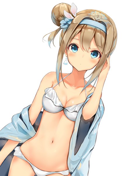 Anime picture 2508x3541 with girls frontline suomi kp31 (girls frontline) sashima single long hair tall image looking at viewer blush fringe highres breasts blue eyes light erotic simple background blonde hair hair between eyes standing white background bare shoulders payot