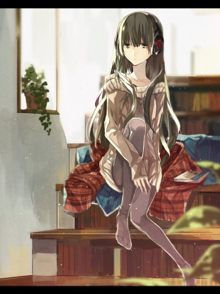 Anime picture 2480x3310 with original toryufu single long hair tall image looking at viewer highres grey hair grey eyes light girl flower (flowers) pantyhose headphones book (books) sweater stairs