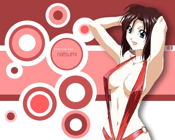 Anime picture 1280x1024 with you're under arrest studio deen tsujimoto natsumi short hair light erotic brown hair green eyes arms behind head girl swimsuit