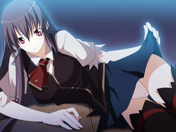Anime picture 1200x900 with long hair light erotic black hair red eyes skirt lift underwear panties