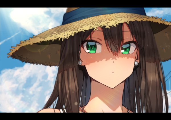 Anime picture 1170x826 with idolmaster idolmaster cinderella girls shibuya rin erere single long hair looking at viewer fringe hair between eyes brown hair green eyes sky cloud (clouds) outdoors sunlight lens flare letterboxed shaded face face girl