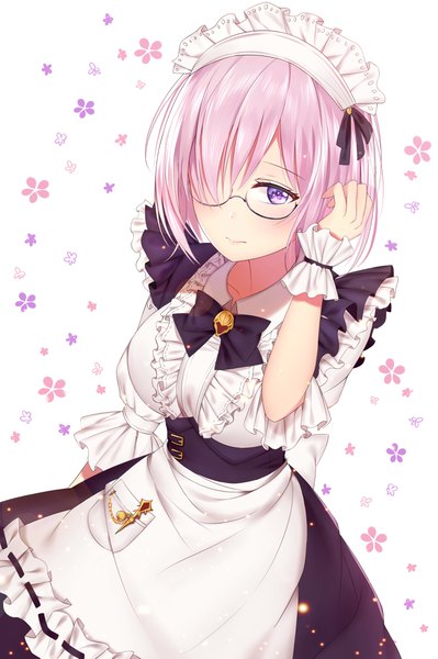 Anime picture 2880x4333 with fate (series) fate/grand order final fantasy final fantasy xiv square enix mash kyrielight junpaku karen single tall image looking at viewer blush fringe highres short hair breasts large breasts purple eyes pink hair hair over one eye maid