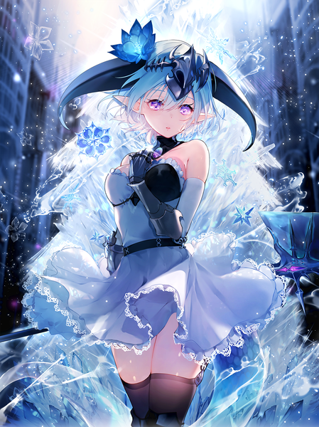 Anime picture 1370x1830 with shadowverse whitefrost dragonewt filene miwano rag single tall image looking at viewer fringe short hair hair between eyes standing purple eyes bare shoulders parted lips horn (horns) pointy ears aqua hair hand on chest girl thighhighs dress