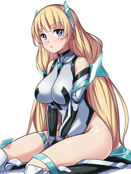 Anime picture 750x1000 with expelled from paradise angela balzac saiste single long hair tall image looking at viewer blush breasts blue eyes light erotic simple background blonde hair white background twintails low twintails girl belt thigh strap bodysuit