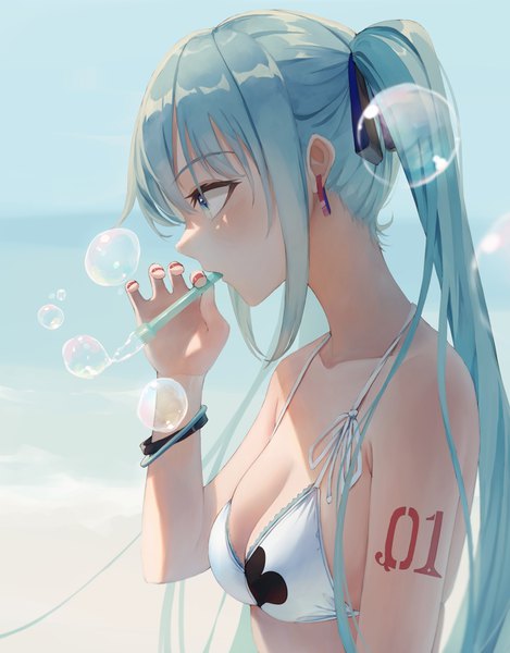 Anime picture 2224x2843 with vocaloid hatsune miku shun'ya (daisharin36) single long hair tall image blush fringe highres breasts light erotic hair between eyes large breasts twintails payot looking away upper body outdoors nail polish profile