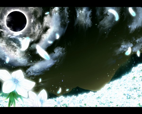 Anime picture 1637x1320 with original nagishiro mito sky cloud (clouds) mountain landscape eclipse flower (flowers) petals