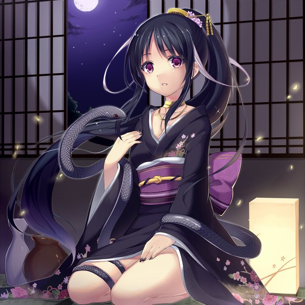 Anime picture 1000x1000 with original reimin single long hair looking at viewer fringe black hair sitting purple eyes sky ponytail indoors nail polish traditional clothes parted lips japanese clothes fingernails night black nail polish seiza