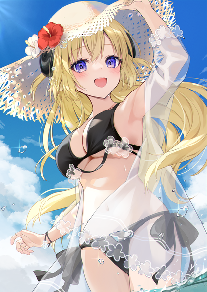 Anime picture 2894x4093 with virtual youtuber hololive tsunomaki watame fuyoyo single long hair tall image looking at viewer blush highres open mouth light erotic blonde hair purple eyes sky cloud (clouds) outdoors :d horn (horns) from below