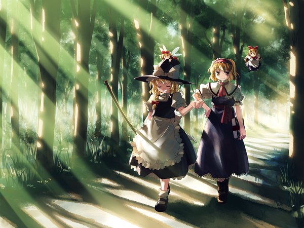 Anime picture 3200x2400 with touhou studio sdt kirisame marisa alice margatroid yuuki tatsuya highres l l girl tree (trees) forest