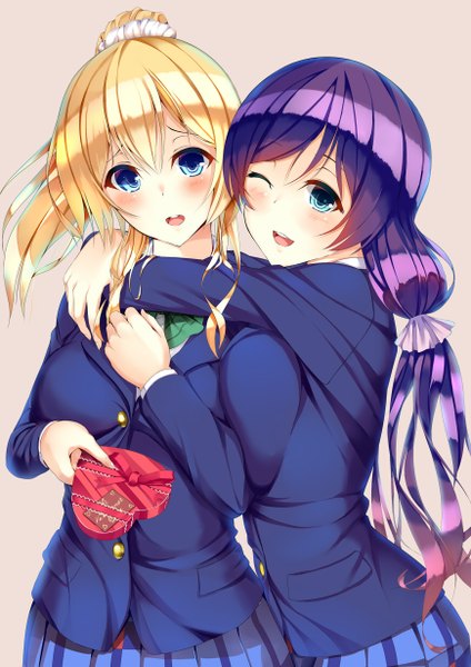 Anime picture 870x1230 with love live! school idol project sunrise (studio) love live! toujou nozomi ayase eli kasappi long hair tall image looking at viewer blush open mouth blue eyes blonde hair multiple girls purple hair ponytail one eye closed wink hug girl