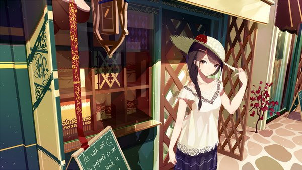 Anime picture 1280x720 with original atha (leejuiping) single long hair looking at viewer brown hair wide image standing outdoors braid (braids) single braid girl skirt flower (flowers) plant (plants) hat tree (trees) window rose (roses) red rose