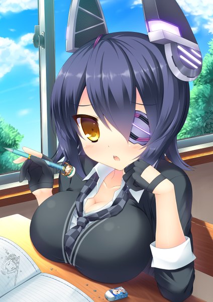 Anime picture 1000x1414 with kantai collection shimakaze destroyer tenryuu light cruiser tatsuta light cruiser taiki ken single tall image looking at viewer blush short hair breasts open mouth light erotic large breasts yellow eyes blue hair girl gloves hair ornament eyepatch