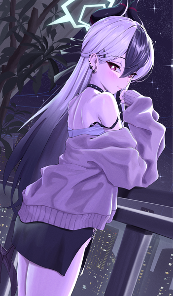 Anime picture 2514x4300 with blue archive kayoko (blue archive) kayoko (dress) (blue archive) bocchi (kuropom7) single long hair tall image fringe highres light erotic black hair hair between eyes red eyes silver hair long sleeves multicolored hair horn (horns) two-tone hair piercing turning head