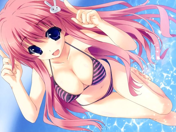 Anime picture 2560x1920 with baka to test to shoukanjuu silver link himeji mizuki shintarou single long hair blush highres breasts open mouth light erotic purple eyes pink hair barefoot from above horns pose girl navel hair ornament swimsuit