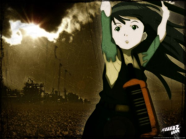 Anime picture 1280x960 with ergo proxy pino single long hair holding green eyes upper body 2006 girl musical instrument keyboard (instrument) melodica