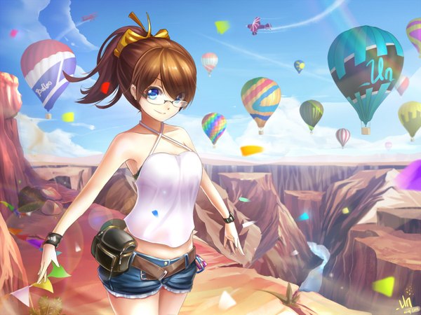 Anime picture 1500x1125 with original jurrig single looking at viewer short hair blue eyes brown hair sky cloud (clouds) ponytail girl bow hair bow glasses shorts aircraft airplane hot air balloons biplane