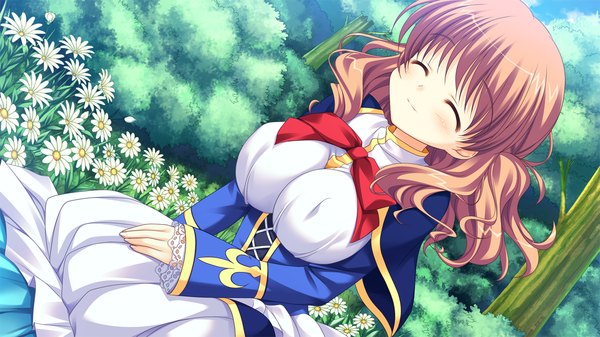 Anime picture 1280x720 with princess-style yomogida sachi yuyi single long hair breasts light erotic brown hair wide image large breasts sitting game cg eyes closed ^ ^ girl uniform flower (flowers) school uniform daisy