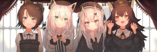 Anime picture 1200x400 with virtual youtuber hololive shirakami fubuki nakiri ayame ookami mio oozora subaru hinata (hinata-ur) long hair looking at viewer blush fringe short hair open mouth black hair smile hair between eyes red eyes wide image multiple girls green eyes