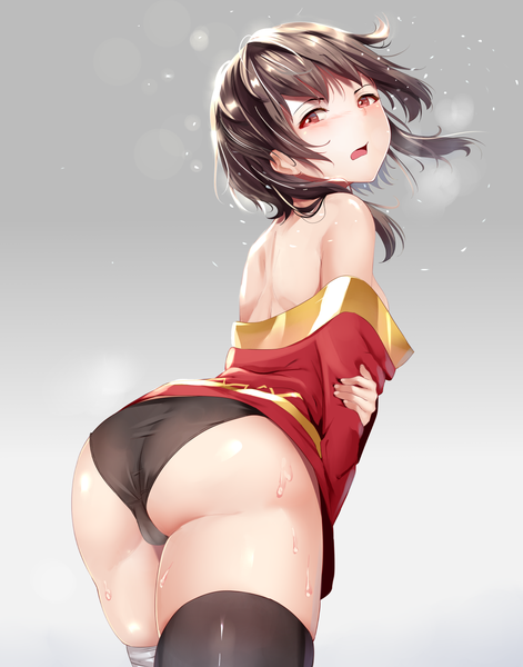 Anime picture 1152x1468 with kono subarashii sekai ni shukufuku wo! studio deen megumin mengo single tall image looking at viewer blush fringe short hair breasts open mouth light erotic black hair simple background red eyes standing bare shoulders ass looking back