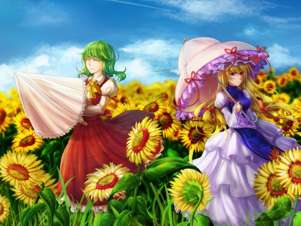 Anime picture 1212x912 with touhou yakumo yukari kazami yuuka long hair short hair blonde hair purple eyes multiple girls sky cloud (clouds) eyes closed green hair girl dress 2 girls umbrella sunflower