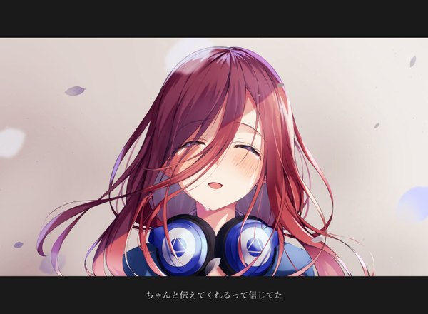 Anime picture 6000x4400 with go-toubun no hanayome nakano miku fuji dorokai single long hair blush fringe highres open mouth simple background hair between eyes absurdres red hair eyes closed grey background shadow tears floating hair portrait letterboxed