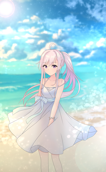 Anime picture 2641x4274 with majo no tabitabi elaina (majo no tabitabi) mahdi single long hair tall image looking at viewer fringe highres standing purple eyes bare shoulders payot pink hair sky cloud (clouds) ahoge outdoors ponytail wind