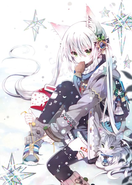 Anime picture 1000x1399 with original rednian single tall image looking at viewer blush fringe smile hair between eyes sitting twintails holding green eyes animal ears payot bent knee (knees) white hair very long hair long sleeves cat ears