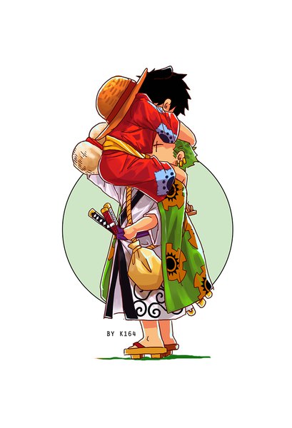 Anime picture 800x1174 with one piece toei animation monkey d. luffy roronoa zoro k164 tall image short hair black hair simple background standing white background signed full body traditional clothes japanese clothes green hair multiple boys hug piercing ear piercing