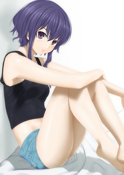 Anime picture 706x1000 with original maita1059 single tall image looking at viewer short hair sitting purple eyes blue hair girl shorts