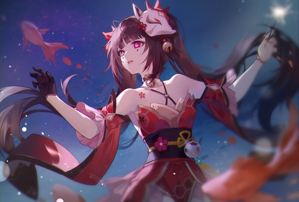 Anime picture 2631x1776 with honkai: star rail honkai (series) sparkle (honkai: star rail) woodylixx single long hair fringe highres breasts brown hair twintails bare shoulders looking away blunt bangs pink eyes night wide sleeves tattoo facial mark symbol-shaped pupils