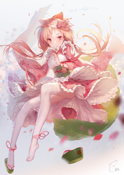 Anime picture 724x1023 with gourmet kizuna sakura mochi (gourmet kizuna) ritsuki single long hair tall image blonde hair red eyes twintails looking away full body traditional clothes japanese clothes low twintails covered mouth wa maid ankle ribbon girl thighhighs flower (flowers)