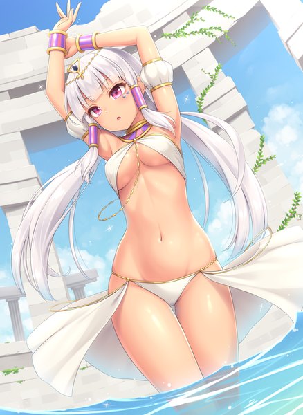 Anime picture 950x1300 with original sasaame single long hair tall image looking at viewer blush fringe breasts open mouth light erotic standing sky outdoors white hair blunt bangs head tilt pink eyes arms up :o