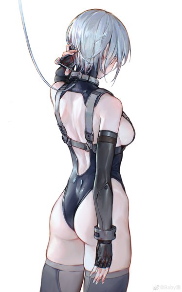 Anime picture 3632x5826 with original iuui single tall image highres short hair breasts light erotic simple background standing white background absurdres silver hair ass arm up from behind sideboob revision clothes writing mechanical arms