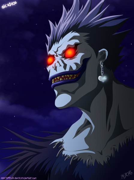 Anime picture 1305x1752 with death note madhouse ryuk naruto999-by-roker single tall image short hair black hair smile cloud (clouds) teeth orange eyes night sky coloring sharp teeth earrings star (stars)
