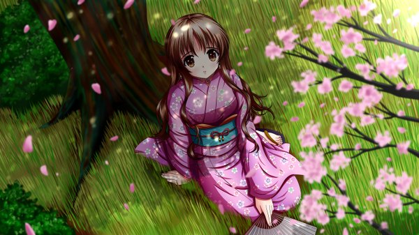 Anime picture 1366x768 with ilolamai single long hair brown hair wide image brown eyes japanese clothes girl plant (plants) tree (trees) kimono fan