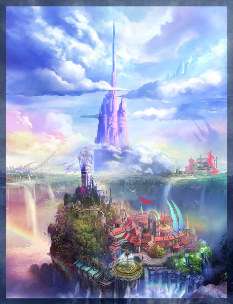 Anime picture 1228x1600 with swift (pixiv) tall image sky cloud (clouds) city border scenic waterfall animal water bird (birds) flag castle rainbow tower